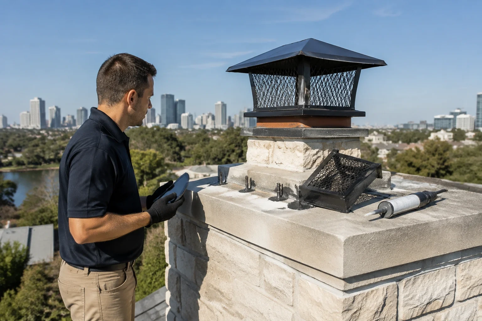 Person holding a tablet beside a capped masonry chimney, with a loose mesh panel and sealant cartridge on the crown.