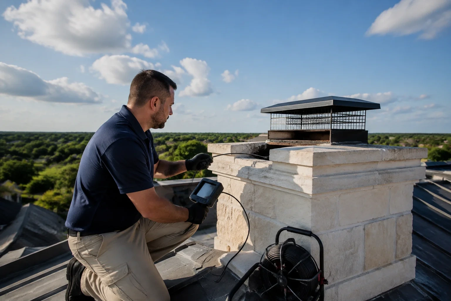 Person holding an inspection monitor and guiding a cable into a gap at the top of a capped masonry chimney.