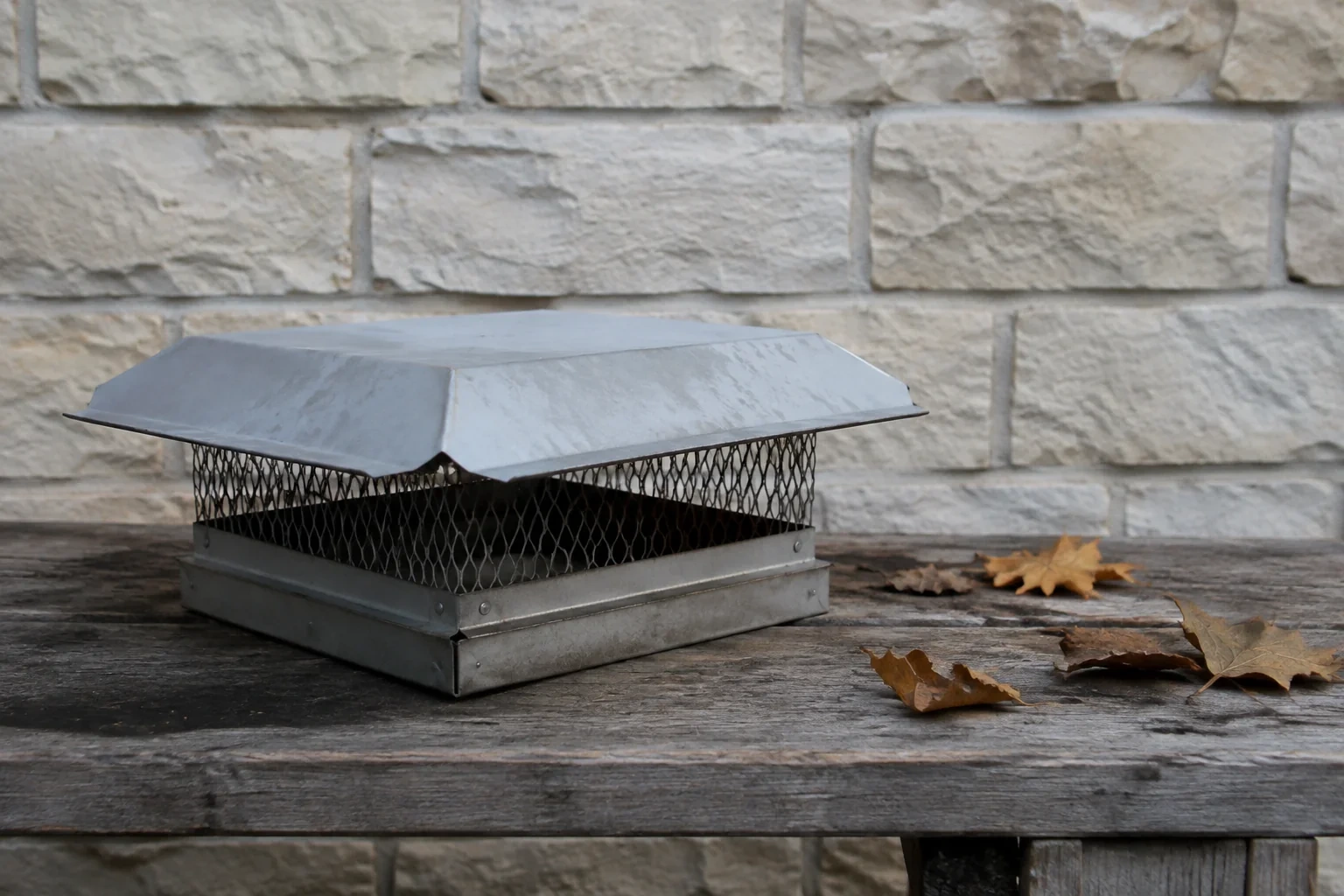Rectangular metal chimney cap with mesh sides resting on a weathered wooden bench beside fallen leaves.