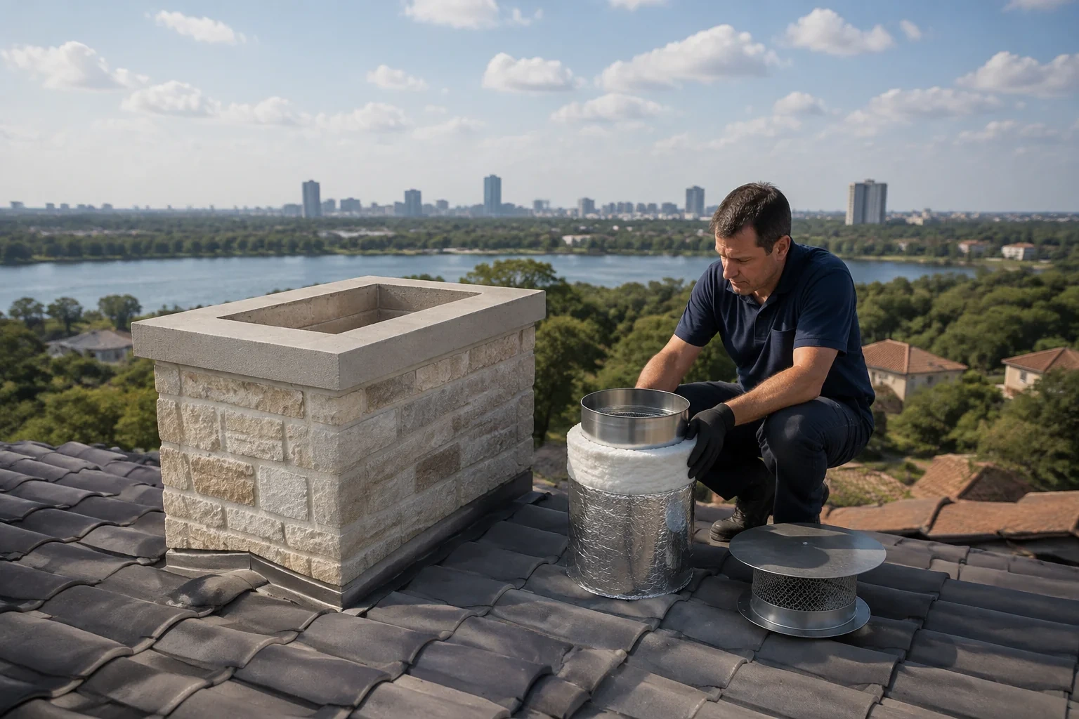 Person holding a metal pipe section wrapped in white material and foil beside an open masonry chimney, with a round cap on the roof.