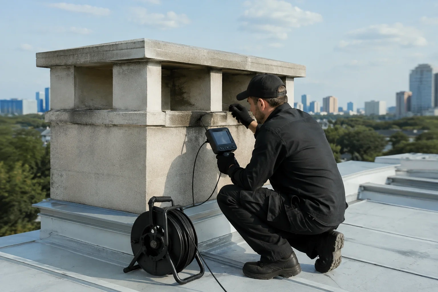 Person holding an inspection monitor and cable beside openings beneath a rooftop chimney cap, with a cable reel nearby.