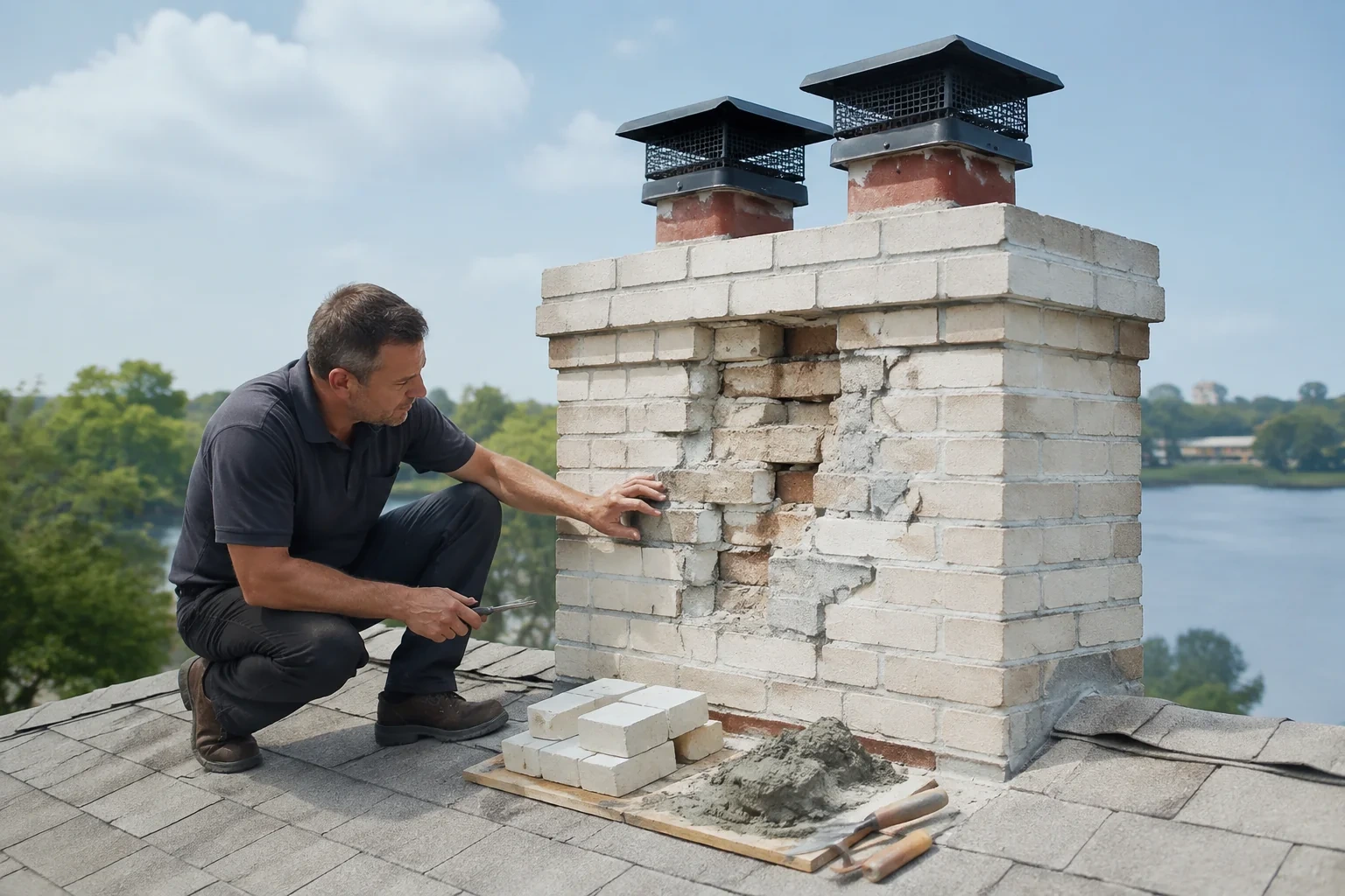Person kneeling beside a brick chimney with gaps in its front face, with loose bricks, mortar and hand tools on the roof.