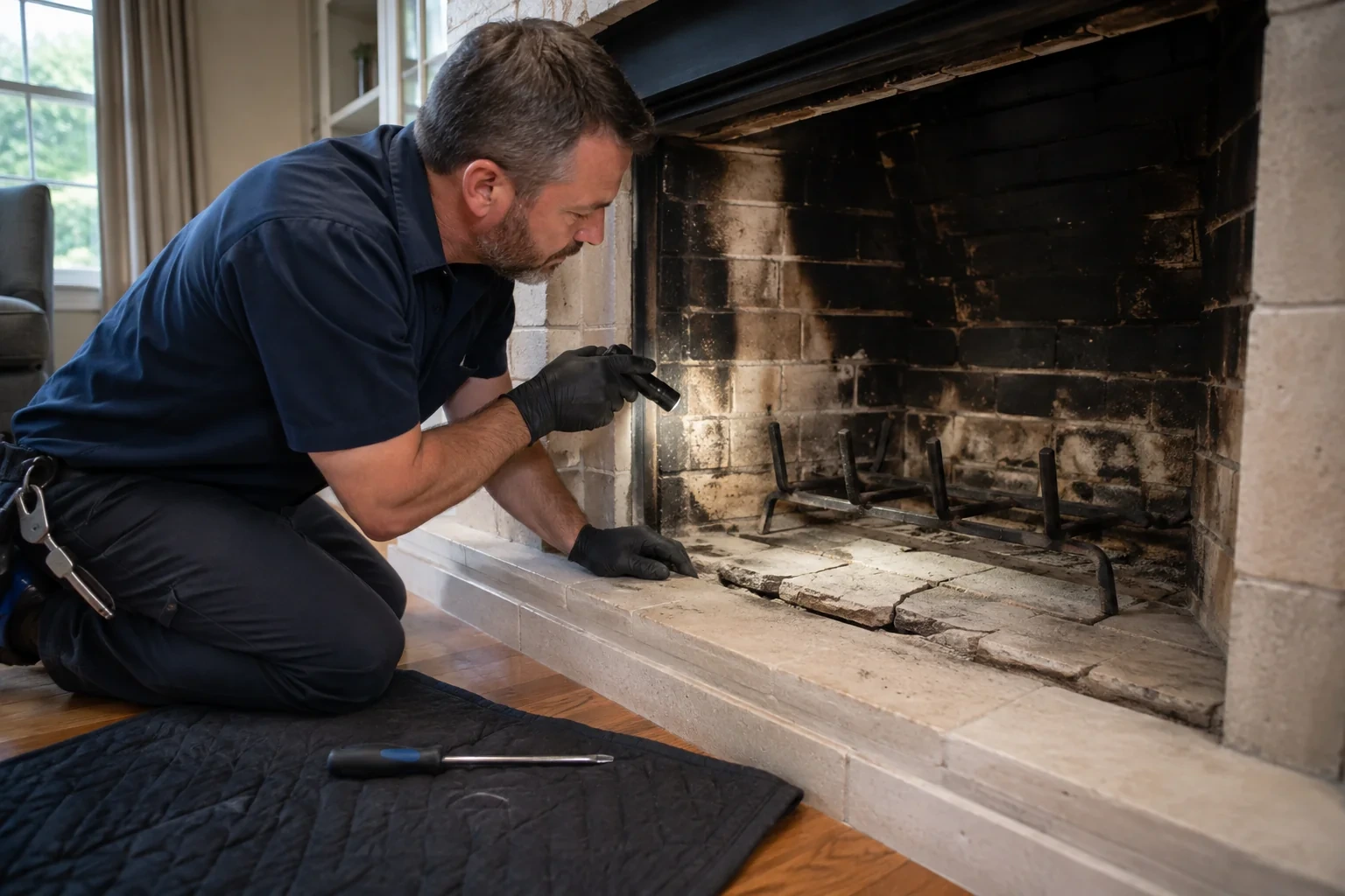 Person shining a flashlight into a darkened brick fireplace with visibly cracked floor pieces beneath a metal grate.