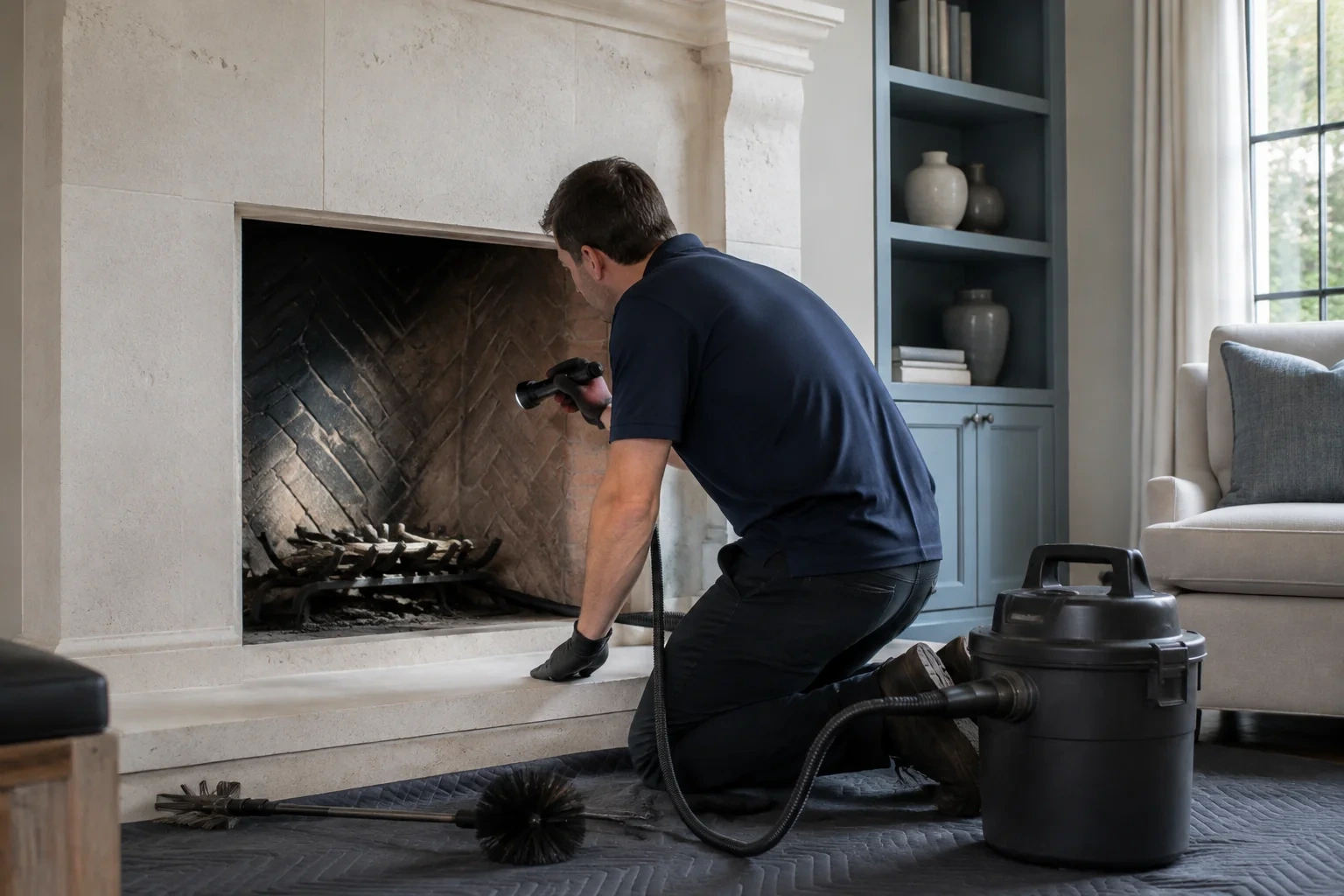 Person shining a flashlight into a herringbone-brick fireplace containing logs, with a vacuum and brushes on a padded blanket.