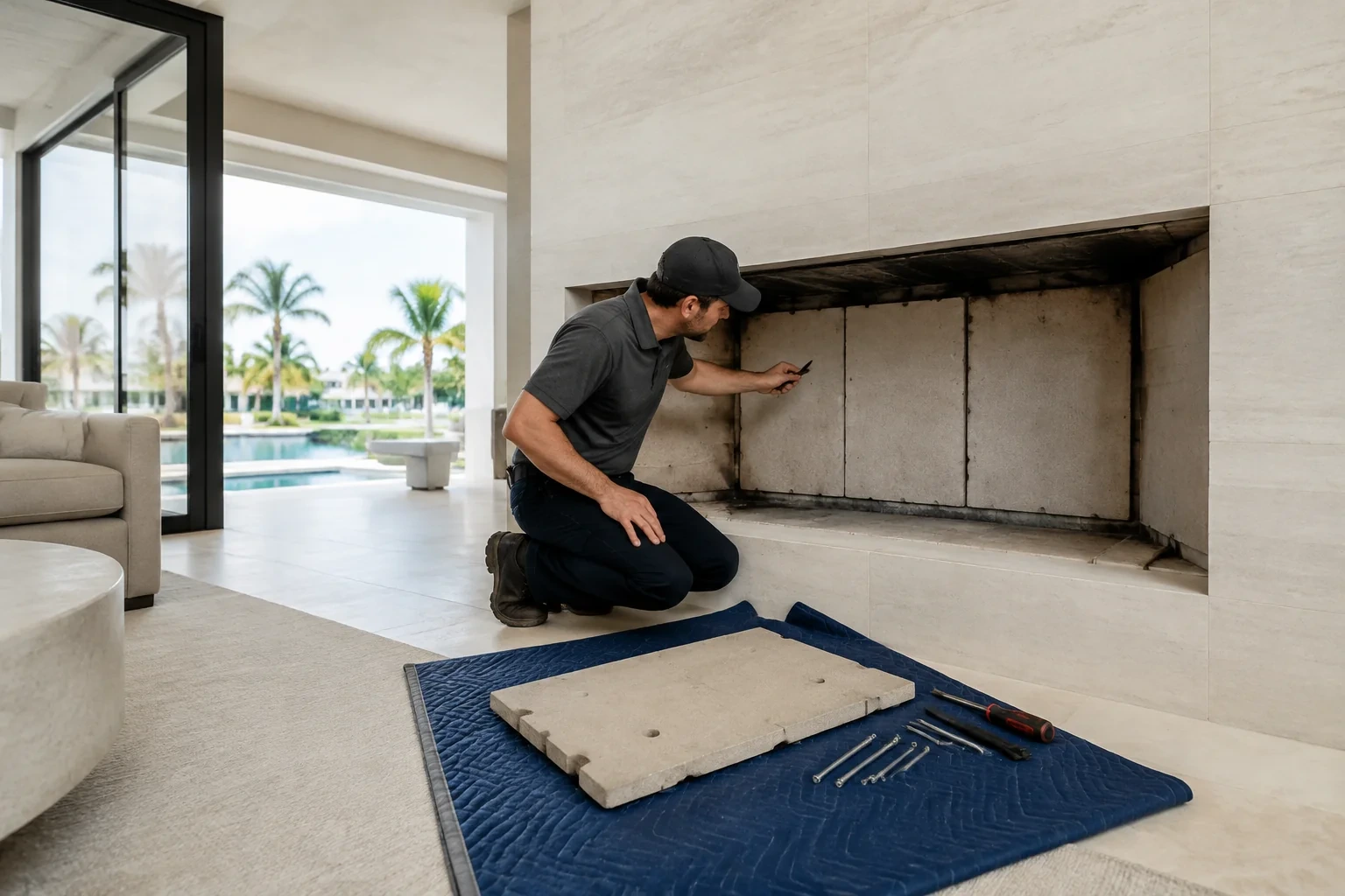 Person holding a small tool toward pale panels inside a wide fireplace, with a loose panel and hand tools on a padded blanket.
