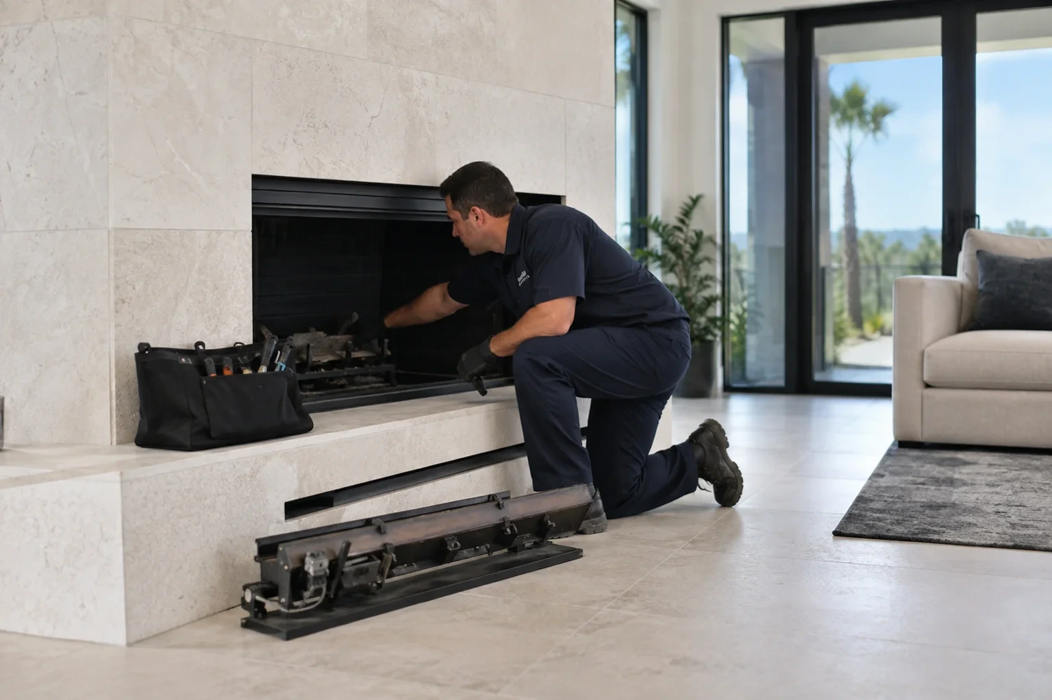 Person reaching into a fireplace containing logs, with a long removed metal assembly resting on the floor below.