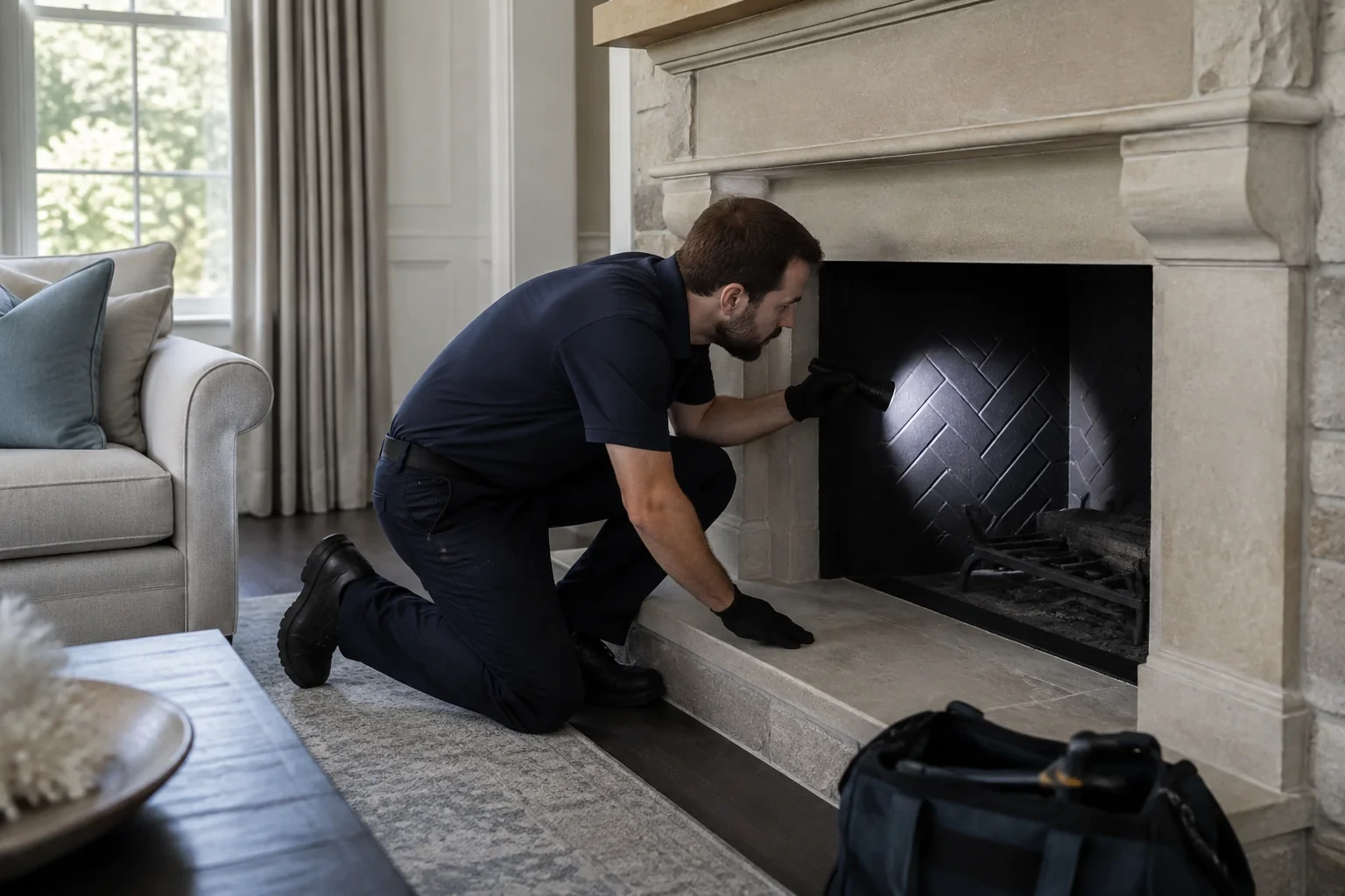 Person kneeling at a stone fireplace and shining a flashlight on the dark herringbone-patterned interior.