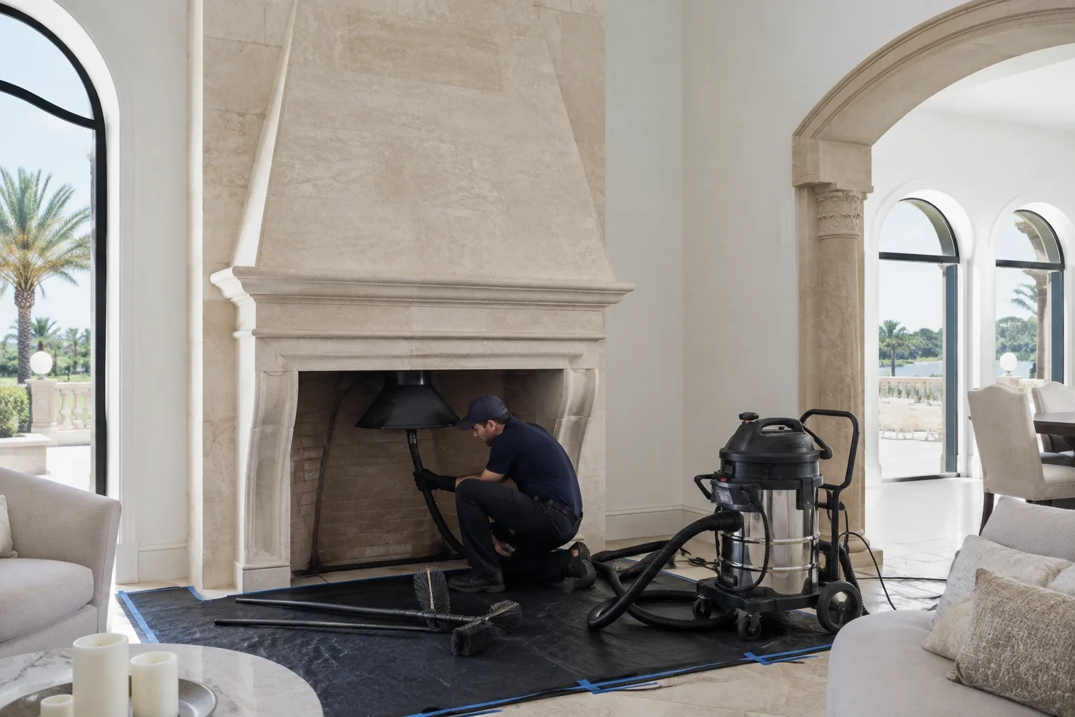 Person holding a hose beneath a black hood inside a tall fireplace, with brushes, rods and a canister vacuum on floor protection.