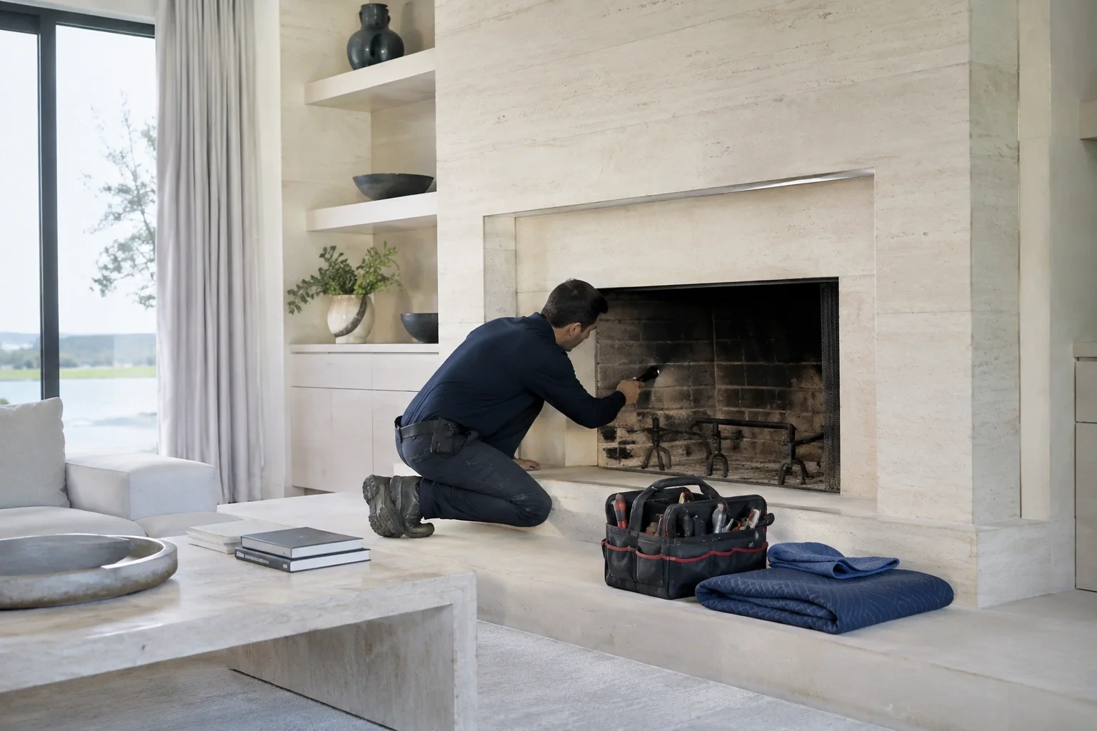 Person kneeling on a pale hearth and shining a flashlight into a darkened brick fireplace, with a tool bag and folded blanket nearby.
